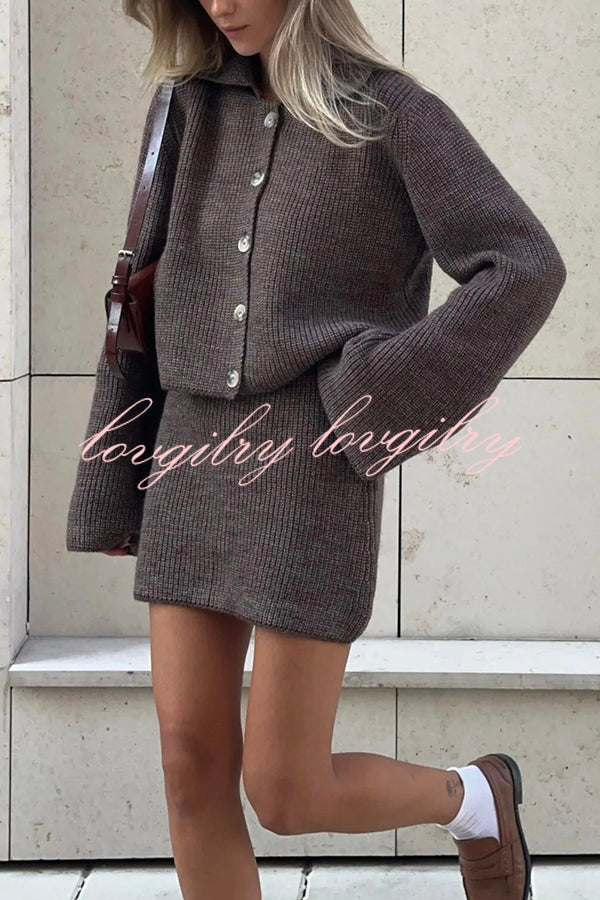 Fashion Lapel Bell Sleeve Knitted Cardigan and Casual Mini Skirt Set