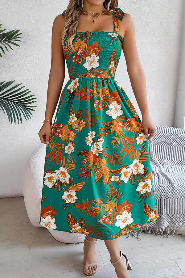 Plant Print Suspenders Pleated Holiday Beach Midi Dress