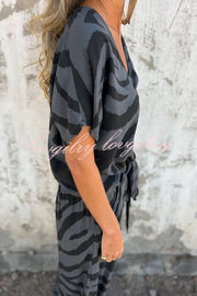 Zebra Print V-neck Short-sleeved Lace-up Top and Elastic Waist Pocket Straight-leg Pants Set