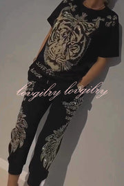 Stylish Tiger Print Short Sleeve Crew Neck Top and Elastic Waist Pocket Pants Set