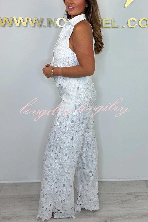 Delighted Embroidery Floral Hollow Lace Shirt-neck Vest and Wide Leg Pants Set