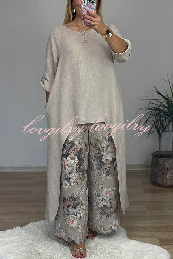 Linen Blend Crew Neck Long Sleeve Irregular Loose Top and Elastic Waist Floral Print Casual Pocket Set