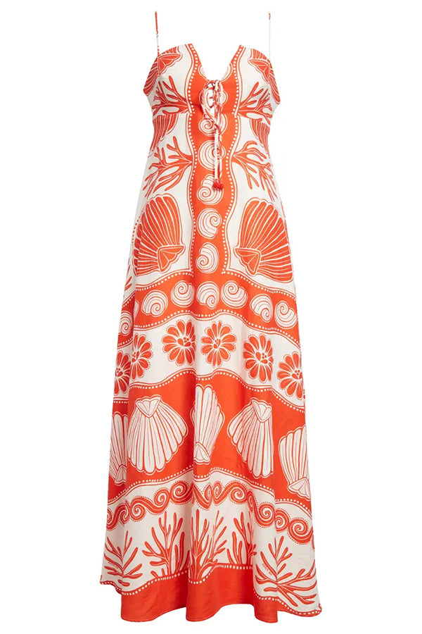 Beautiful Shell Unique Print Front Lace-up Maxi Dress