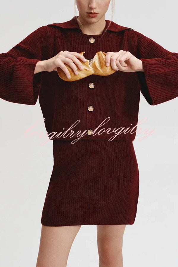 Fashion Lapel Bell Sleeve Knitted Cardigan and Casual Mini Skirt Set
