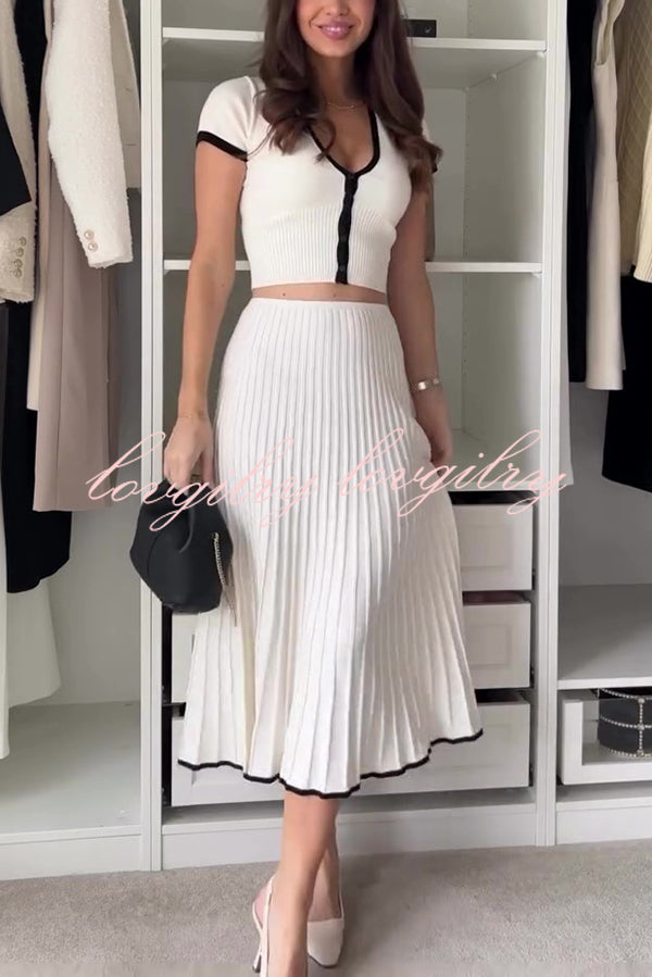 Stylish Stretch Fit Short-sleeve Top and Elastic Waist Midi Skirt Set