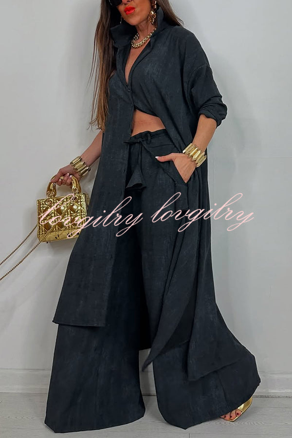 Solid Color Casual Loose Long Shirt and Elastic Waist Pocket Wide Leg Pants Set