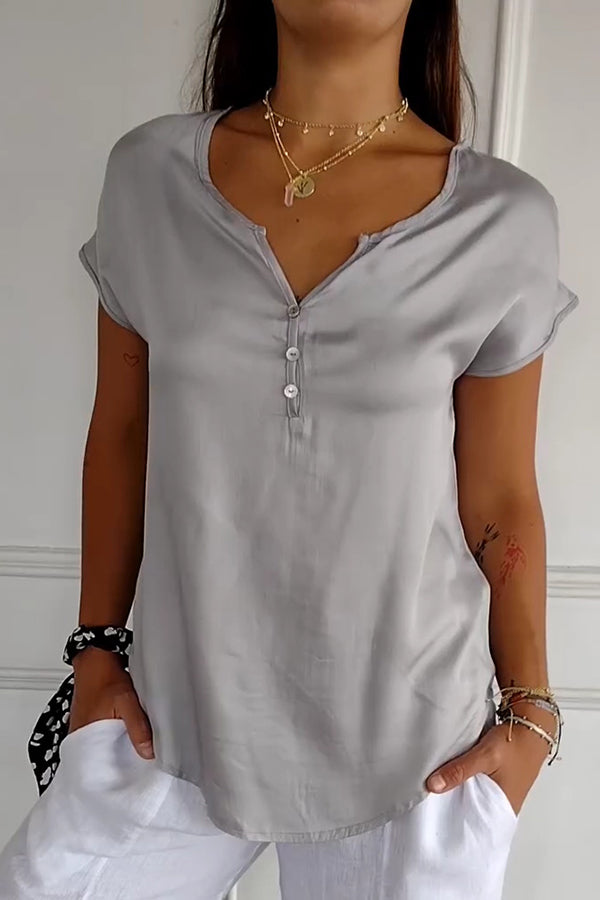 Solid Color Satin Loose Casual Short Sleeve Top