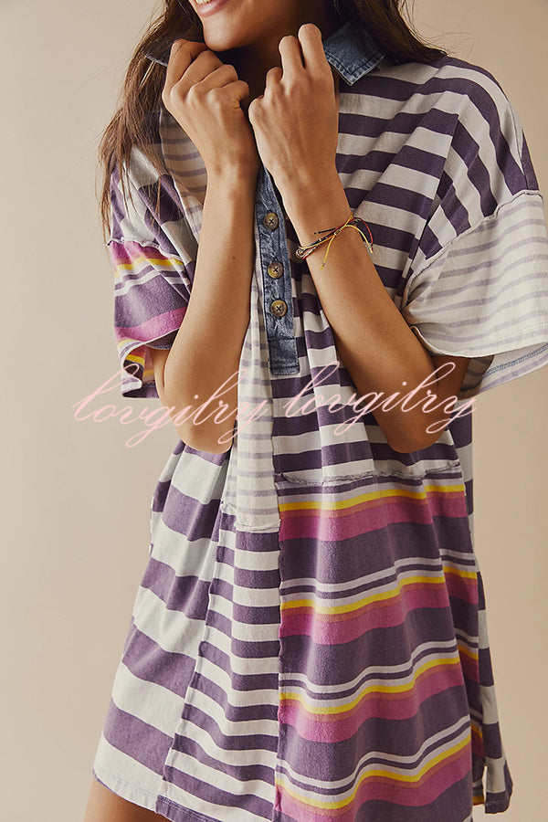 Contrast Striped Patchwork Denim Lapel Loose Casual Mini Dress