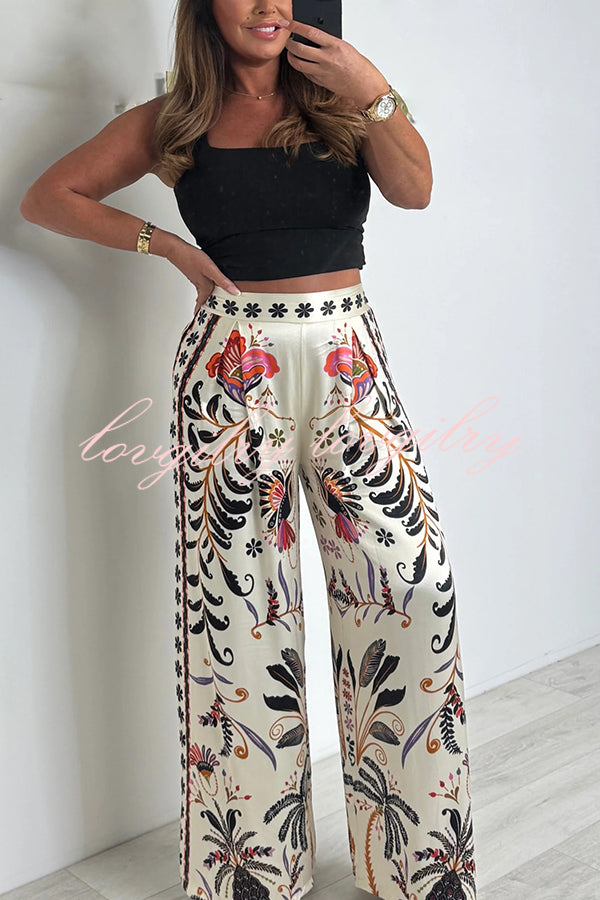 Satin Plant Print Elastic Waist Loose Wide Leg Pants