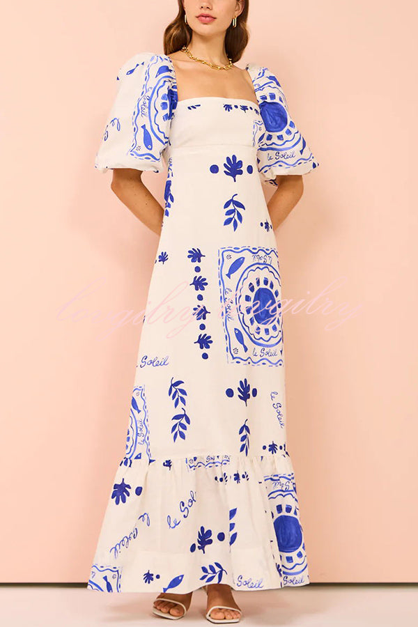 Sherbert Linen Blend Unique Print Square Neck Bubble Sleeve Maxi Dress