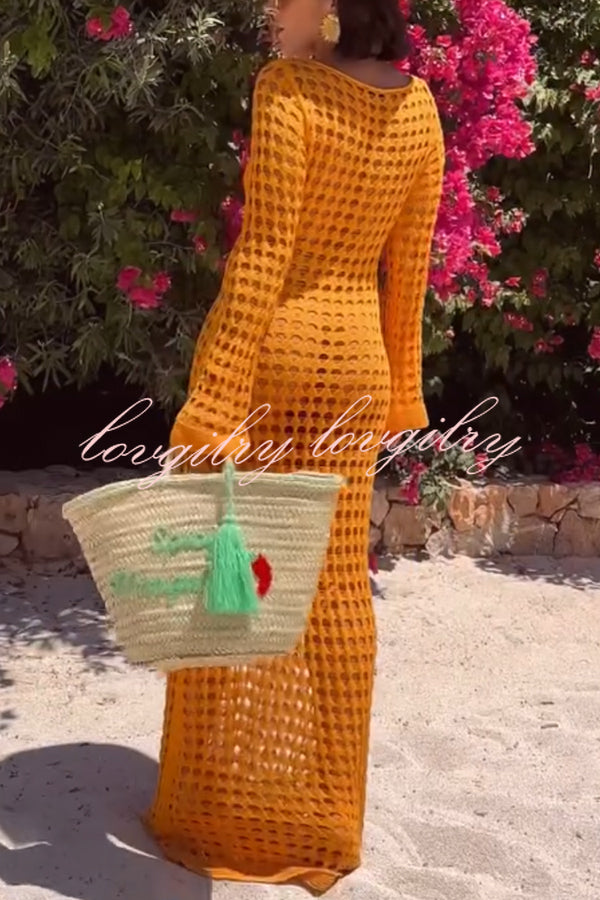 Sunny Beachside Crochet Knit Hollow Out Long Sleeve Cover-up Maxi Dress