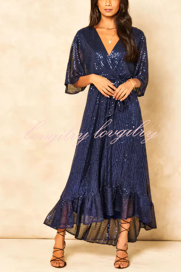 Solid Color Sequined V-neck Waist Tie Loose Maxi Dress