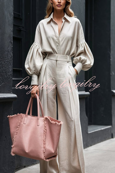 Solid Color Lapel Long-sleeved Loose Shirt and Casual Wide-leg Pants Set