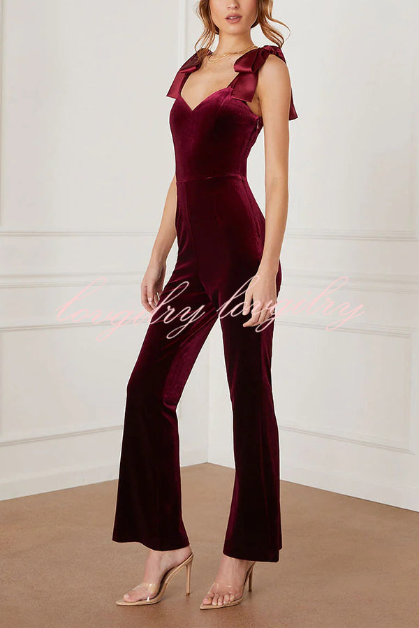 Merlot Sippin' Velvet Shoulder Tie Flare Stretch Jumpsuit