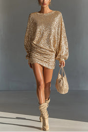 Glow Season Sequin Long Lantern Sleeve Ruched Hip Loose Mini Dress