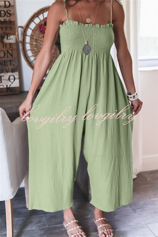 Elegant Solid Color High Waist Linen Blend Suspender Pleated Jumpsuit