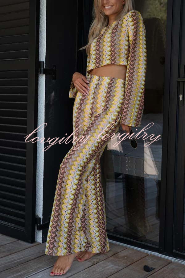 Tamia Knit Colorful Wave Unique Print Crop Top and Stretch Wide Leg Pants Set