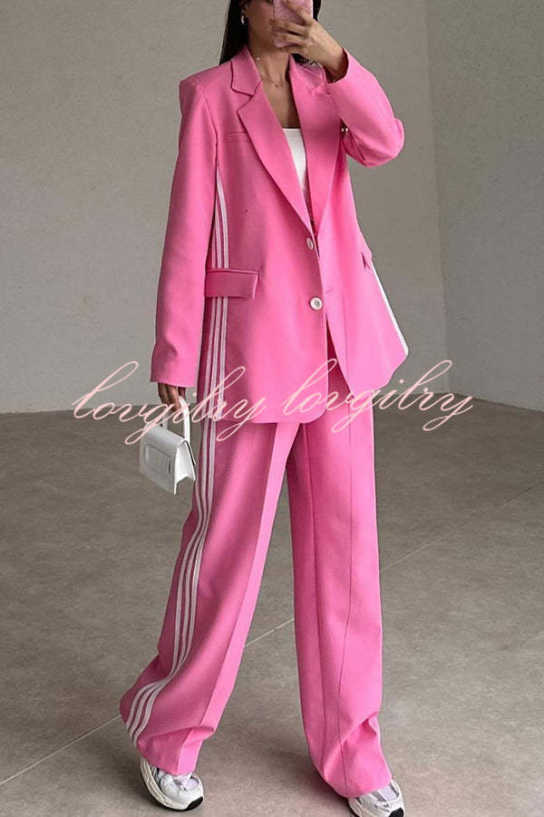 Fresh and Casual Style Striped Trim Lapel Blazer and High Rise Pocket Loose Pants Set