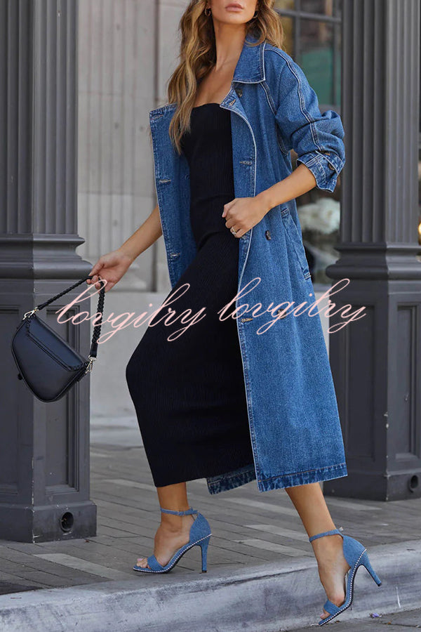 Solid Color Denim Double Pocket Button Down Midi Trench Coat