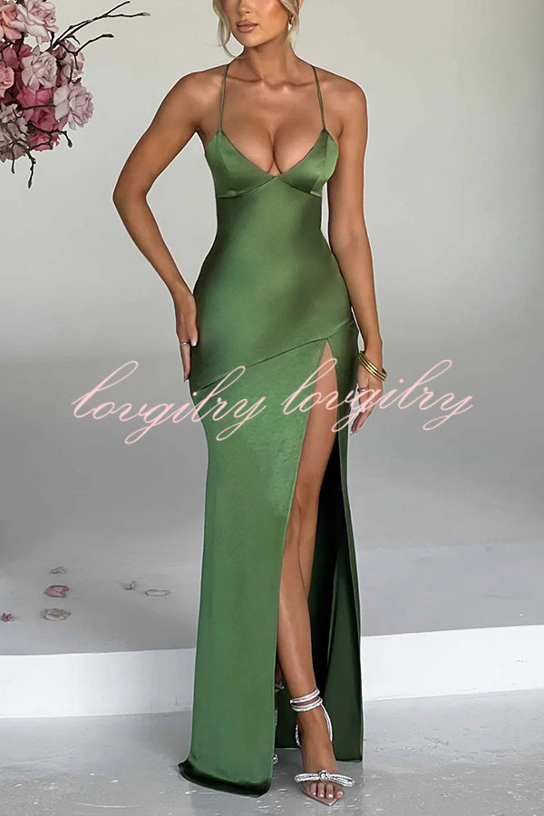 Satin Solid Color Sexy Backless Lace Up High Slit Maxi Dress