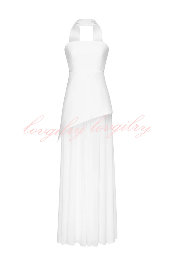 Monaco Off Shoulder Structured Top Chiffon Slit Hem Scarf Maxi Dress