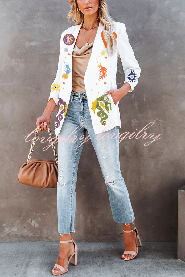 Standards Unique Print Pocketed Ruched Sleeve Casual Blazer