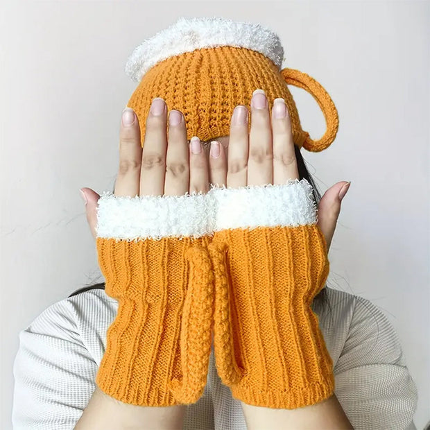 3D Beer Mug Shape Knitted Half Finger Gloves