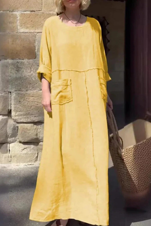 Linen Blend Solid Color Long-sleeve Paneled Pockets Loose Maxi Dress