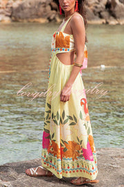 Resort Style Unique Print Sexy Square Neck Backless Waist Maxi Dress