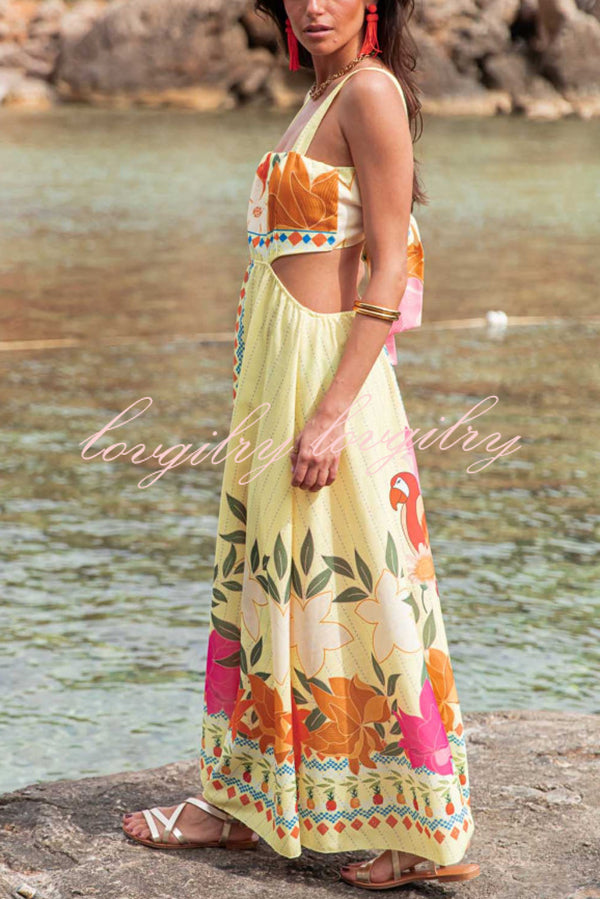 Resort Style Unique Print Sexy Square Neck Backless Waist Maxi Dress