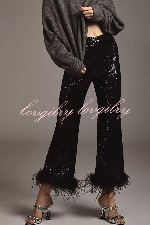New Year Eve Sequin Feather Trim High Rise Back Zipper Flare Pants