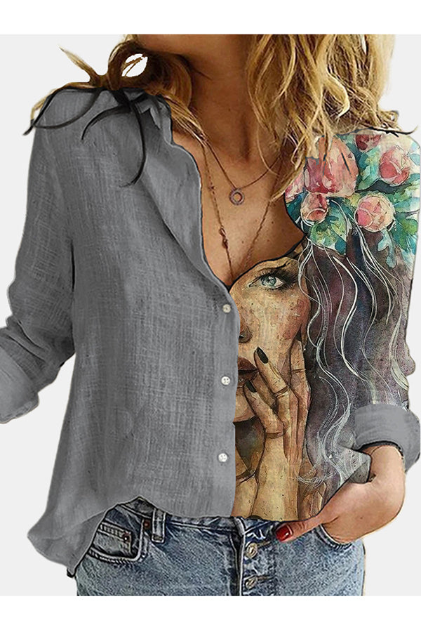 Figure Print Button Design Long Sleeve Casual Blouse