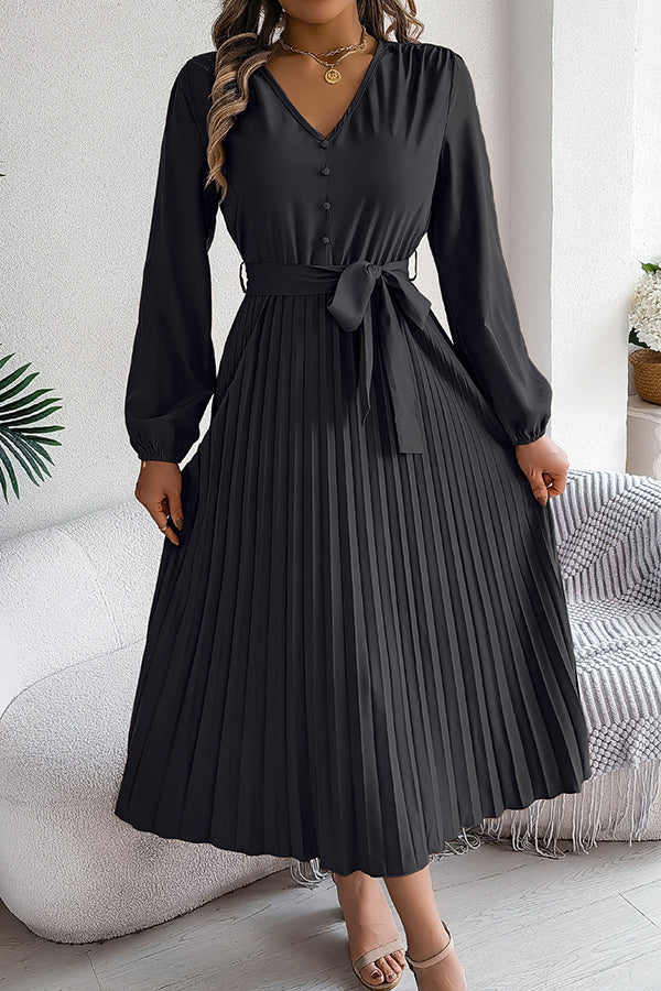 Solid Color Elegant V-neck Buttoned Lace-up Pleated Maxi Dress