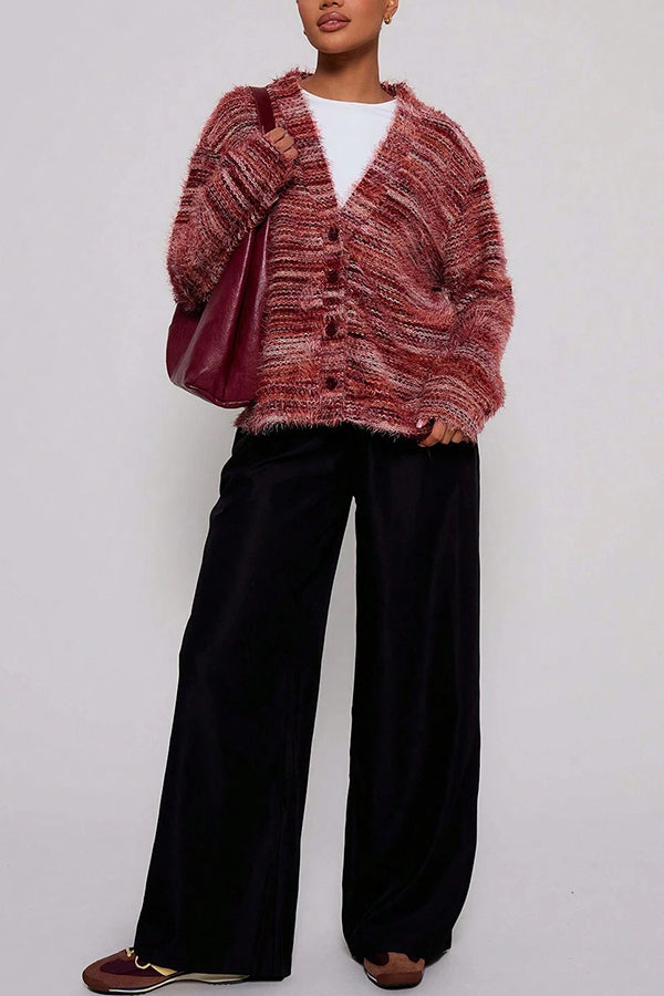 Fashionable Mixed Color Loose V-neck Casual Knit Cardigan