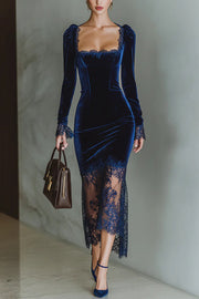 Fashionable Velvet and Lace Patchwork Square Neck Long-sleeved Maxi Dress