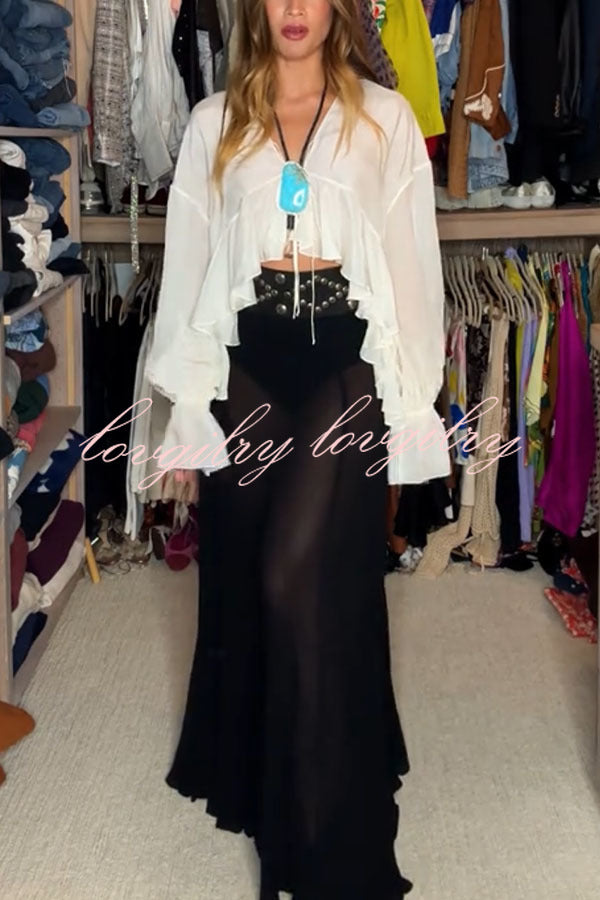 Boho Forever Chiffon Ruffles Balloon Sleeve Tie-up Blouse