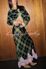 Holiday Plaid Knit Color-blocked Trim Button Long-sleeved Loose Cardigan