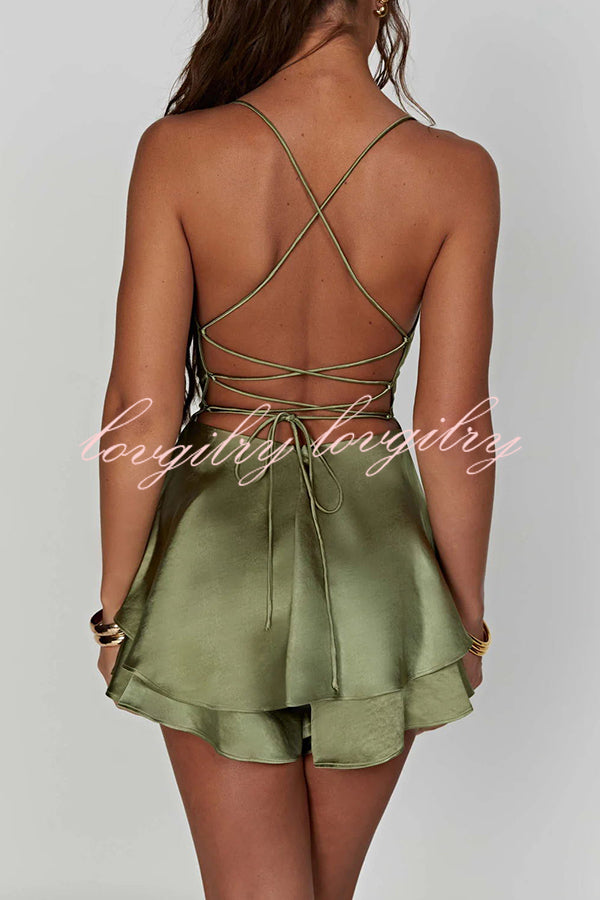 Ruffled Elegant Satin Strappy Satin Backless Lace Up Mini Dress