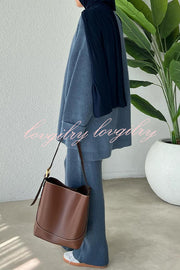 Solid Color Loose Long-sleeved Knit Top and Elastic Waist Casual Straight Leg Pants Set