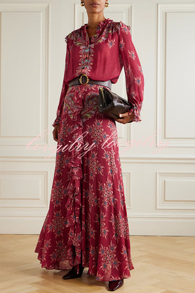 Unique Printed Chiffon Long-sleeved Loose Shirt and Elegant Ruffled Maxi Skirt Set