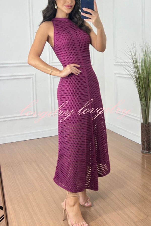 Violet Crochet Knit Round Neck Texture A-line Maxi Dress