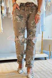 Floral Print Elastic Waist Casual Pocket Pants