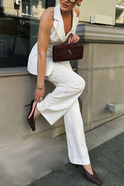 Kelilah Striped Halter Lapel Neck Back Tie-up Top and Elastic Waist Pocketed Loose Pants Set