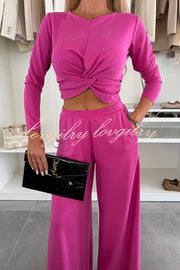 Solid Color Round Neck Long Sleeve Twist Crop Top and Elastic Waist Pocket Wide Leg Pants Set