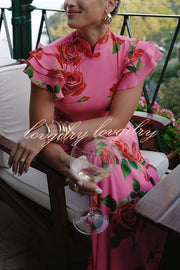 Cheongsam Style Rose Floral Print Tiered Flare Sleeve Stretch Maxi Dress