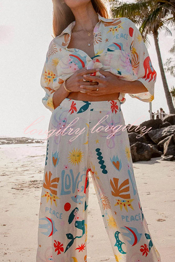 Abstract Sea Creature Print Button Pockets Elastic Waist Pant Suit