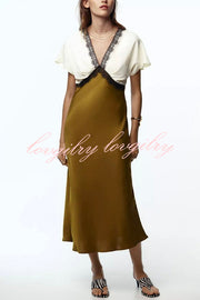 Fashionable Contrast Color V-neck Lace Stitching Maxi Dress