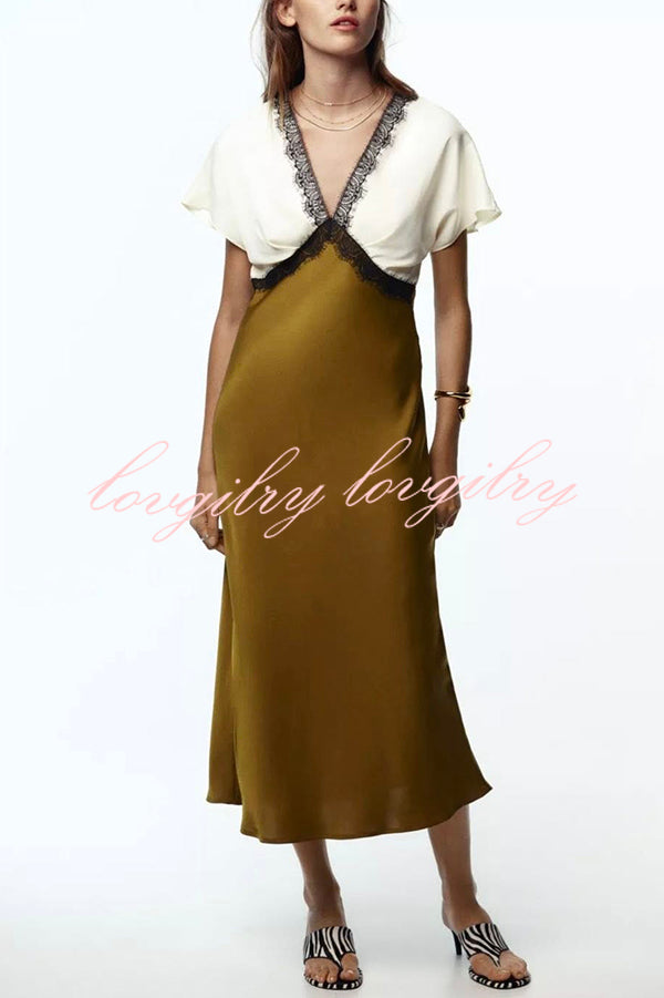 Fashionable Contrast Color V-neck Lace Stitching Maxi Dress