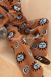 Mediterranean Art Knit Unique Sun Vortex Print Elastic Waist Wide Leg Pants