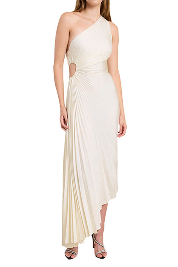 Glam Vibes Satin One Shoulder Side Cutout Pleated Maxi Dress